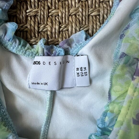 ASOS Mesh Mini Tea Dress Ruffle Sleeve Blue Floral Sz 14 Whimsy Fairy Cottage - Picture 4 of 6